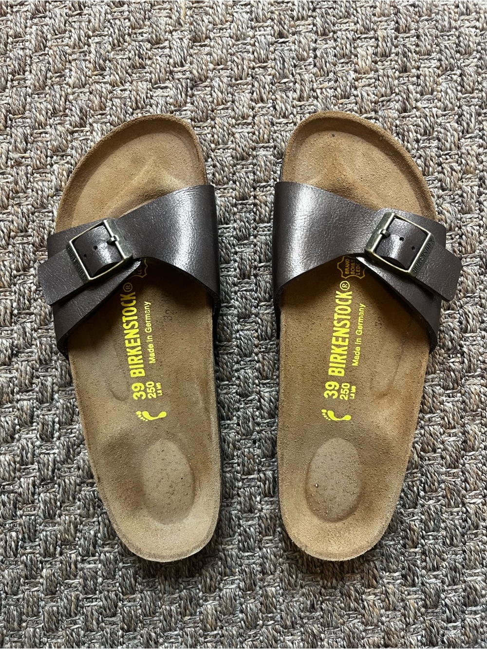 Birkenstock Madrid Single Strap Sandals in Brown with Silver Buckle